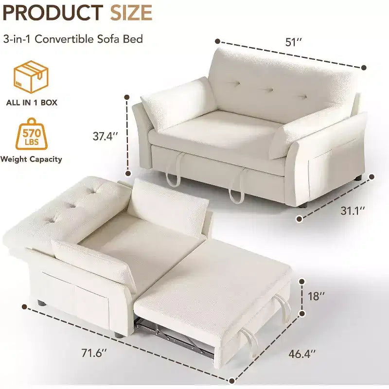 Dyonery 3-in-1-Schlafsofa, ausziehbares Schlafsofa mit Seitentasche und verstellbarer Rückenlehne, werkzeugloser Aufbau, klappbares Zweisitzersofa
