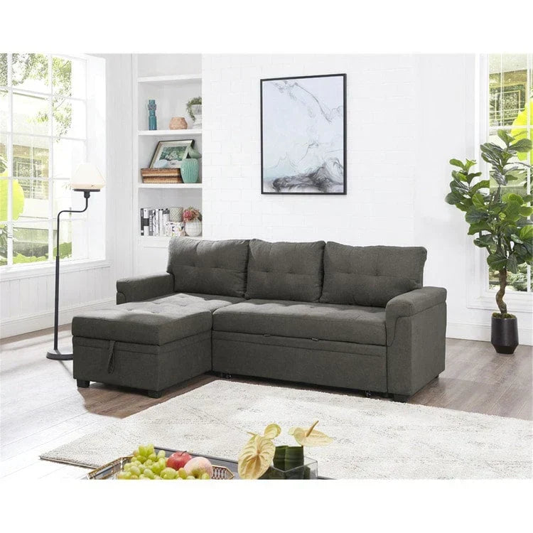 Canapé d’angle convertible et réversible avec lit escamotable, méridienne avec rangement dissimulé et pieds robustes