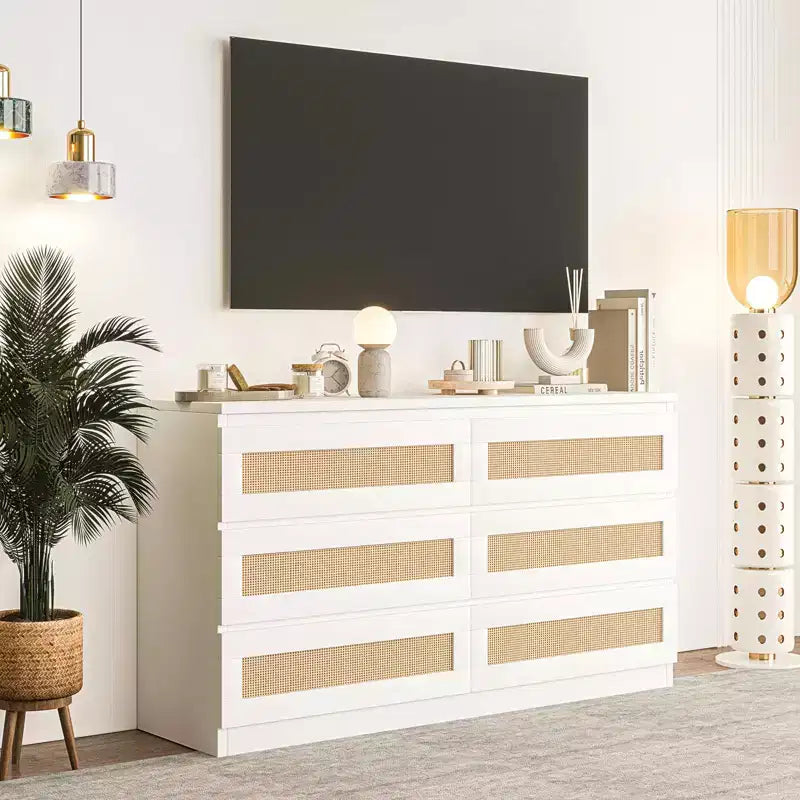 Rattan-Kommode fürs Schlafzimmer mit 6 Schubladen, 47 breite Kommode im modernen Landhausstil, Holz-Aufbewahrungsschrank und Organizer für Kleiderschrank, Wohnzimmer und Flur