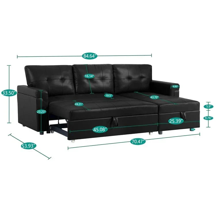 Canapé d’angle convertible et réversible avec lit escamotable, méridienne avec rangement dissimulé et pieds robustes
