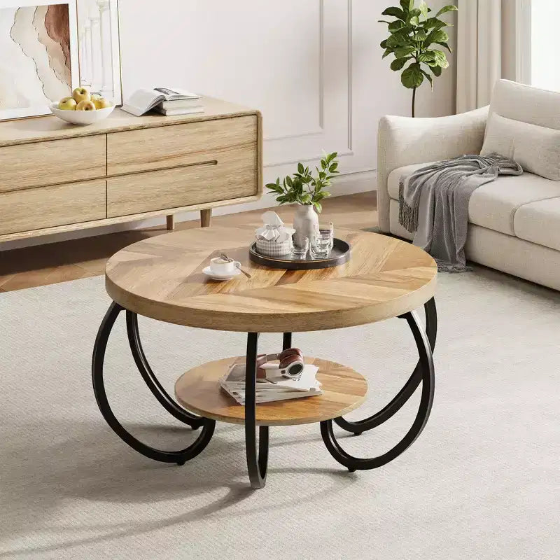 Runder Couchtisch im Industrial-Stil, 30 Inch, 2 Ablagen, verstellbare Füße, Ablage in Holzoptik, Flammendesign, einfacher Aufbau, Wohnzimmer