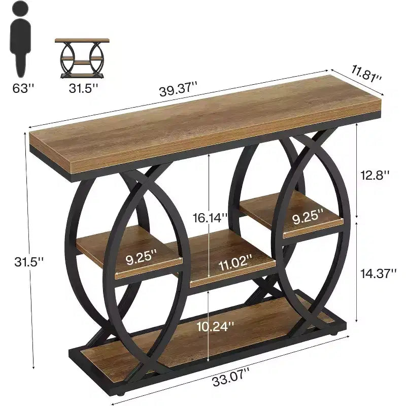 Lantine consoletafel van 39.4, industriële banktafel met 4 niveaus, haltafel met opbergplanken en metalen frame voor kleine ruimtes, gang en hal, bruin