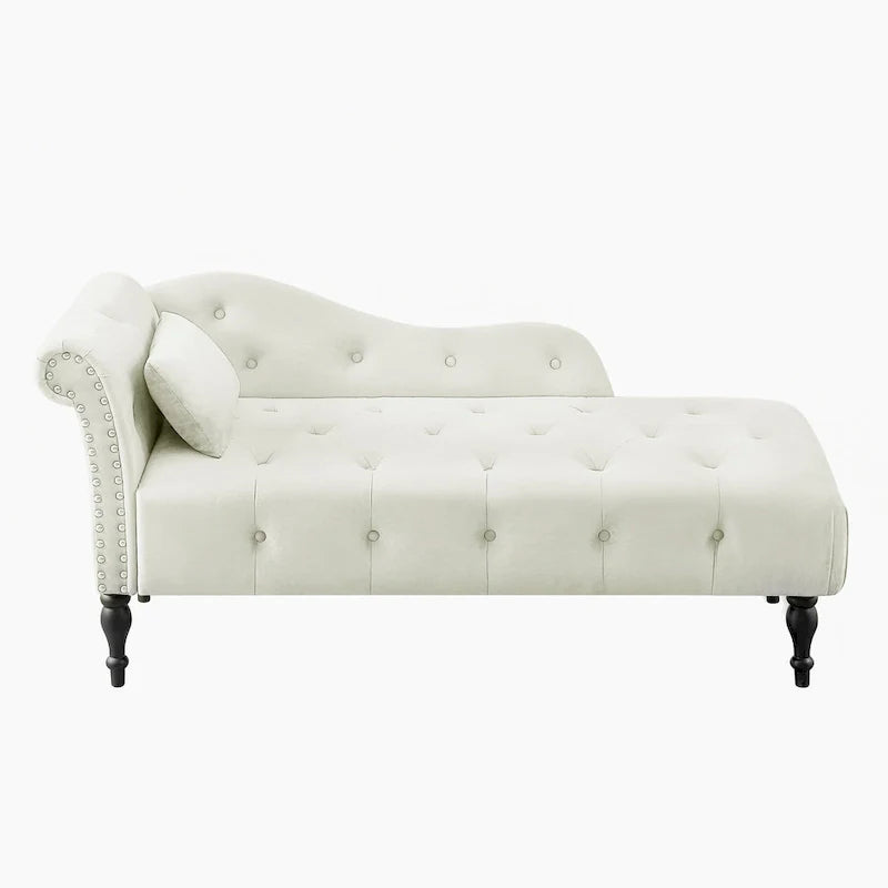 Moderne Chaiselongue, 60.6, mit Samtbezug, Knopfheftung, Beinen aus Massivholz und Ziernägeln