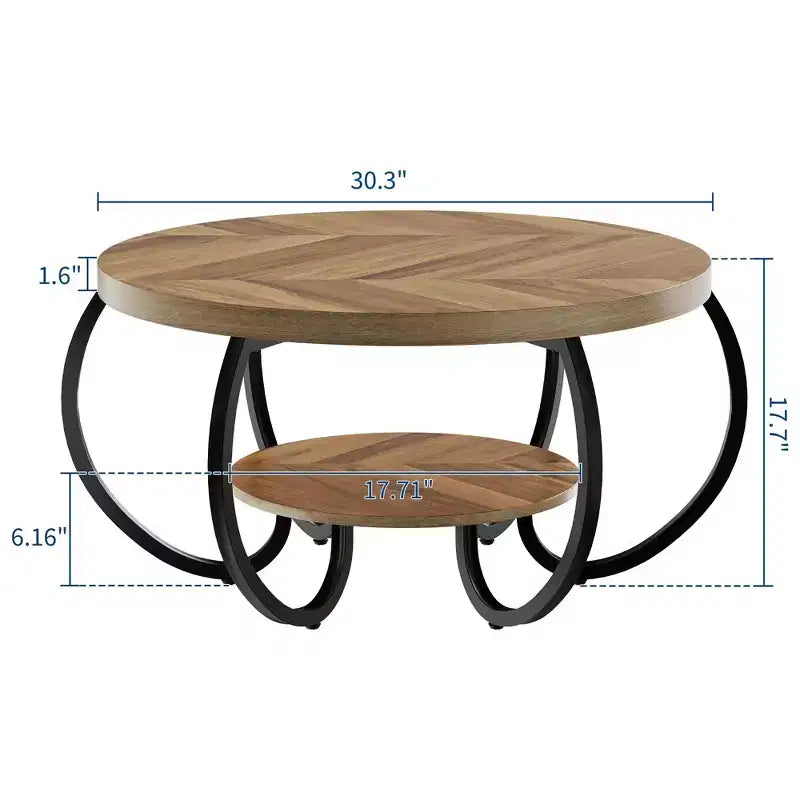 Runder Couchtisch im Industrial-Stil, 30 Inch, 2 Ablagen, verstellbare Füße, Ablage in Holzoptik, Flammendesign, einfacher Aufbau, Wohnzimmer
