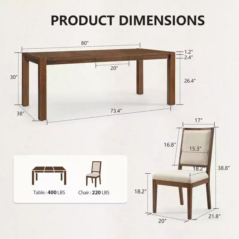 Moderne eetset - 80 tafel + 6 gestoffeerde stoelen, massief houten frame, tafelcapaciteit van 400 lbs, eenvoudig te monteren