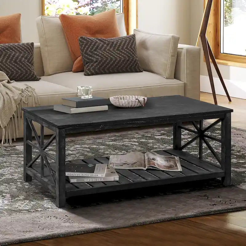 Tavolino rustico in legno con ripiano inferiore — 119 x 58 x 48 cm