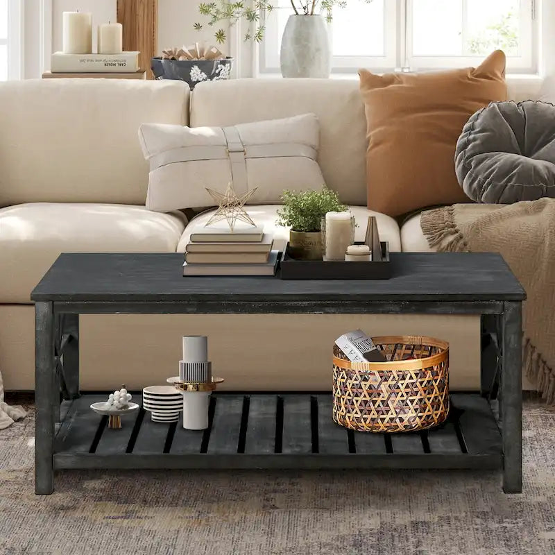Tavolino rustico in legno con ripiano inferiore — 119 x 58 x 48 cm