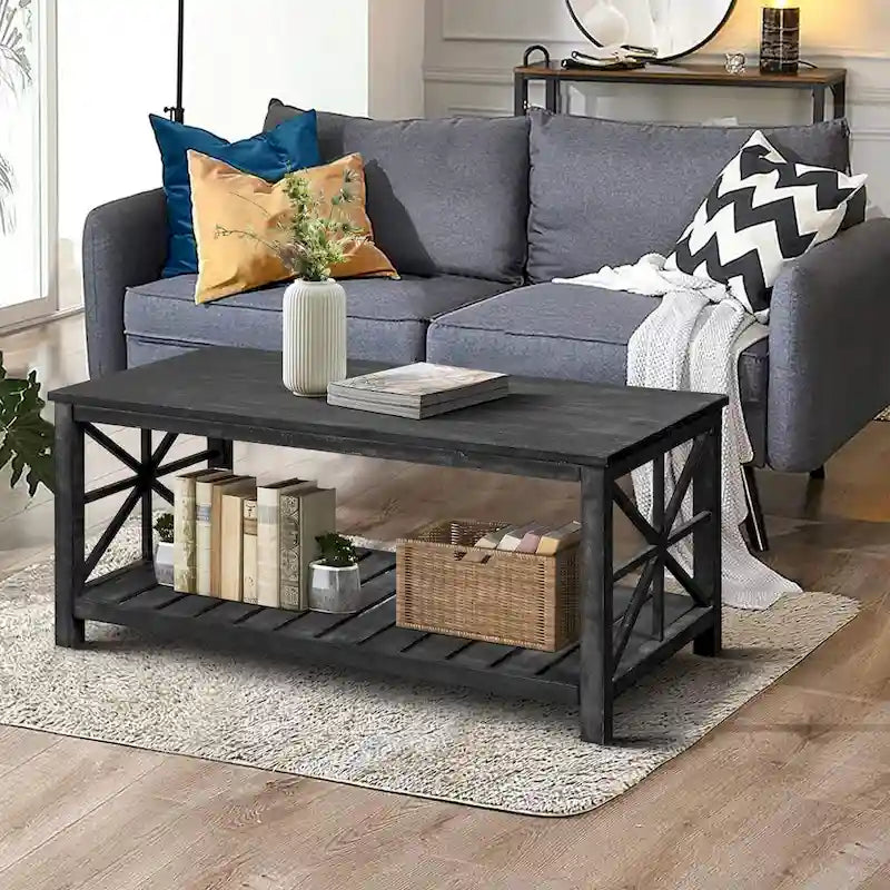 Tavolino rustico in legno con ripiano inferiore — 119 x 58 x 48 cm