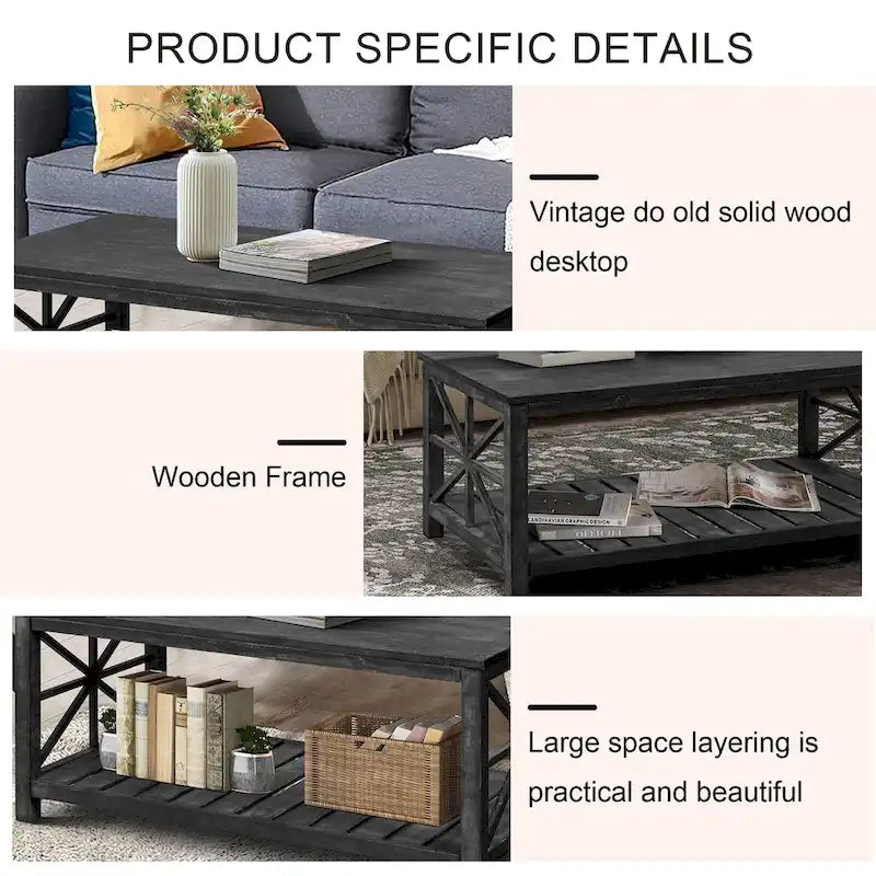 Tavolino rustico in legno con ripiano inferiore — 119 x 58 x 48 cm
