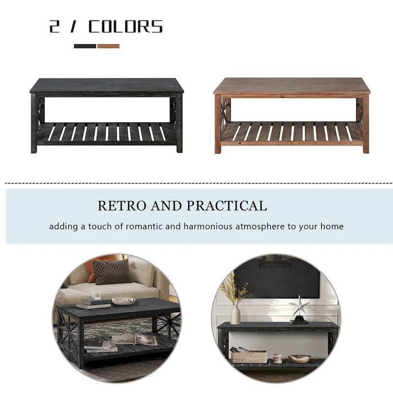 Tavolino rustico in legno con ripiano inferiore — 119 x 58 x 48 cm