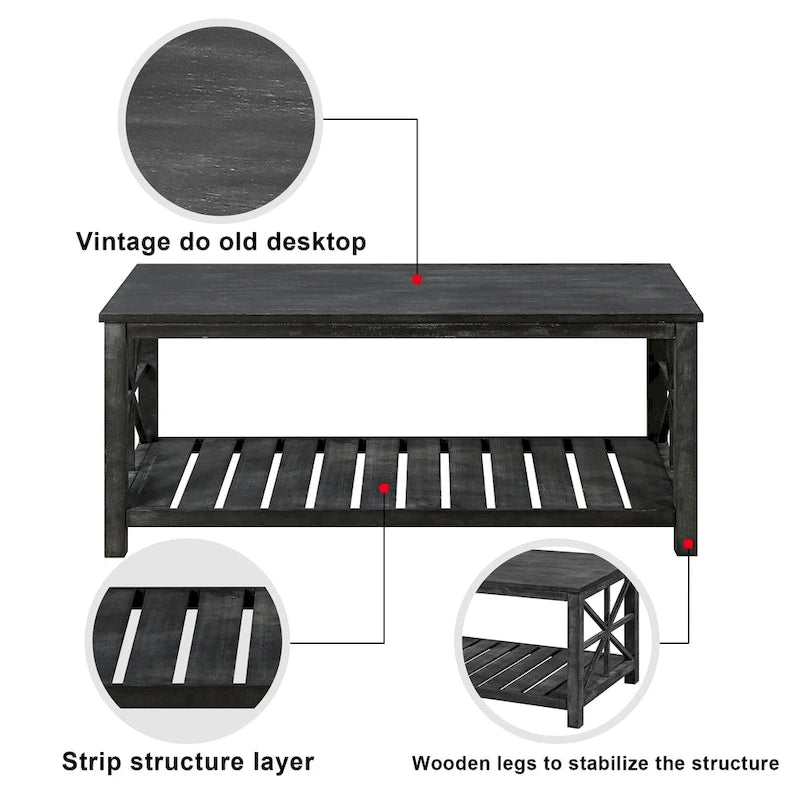 Tavolino rustico in legno con ripiano inferiore — 119 x 58 x 48 cm