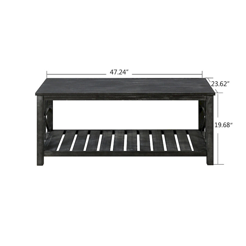 Tavolino rustico in legno con ripiano inferiore — 119 x 58 x 48 cm