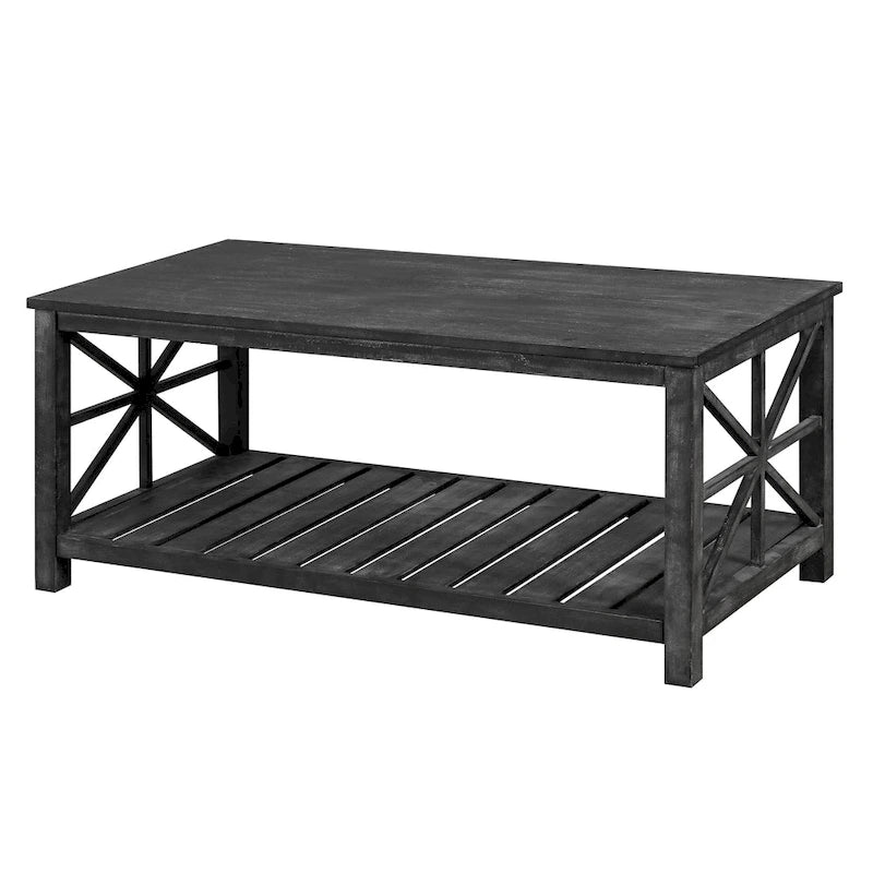 Tavolino rustico in legno con ripiano inferiore — 119 x 58 x 48 cm
