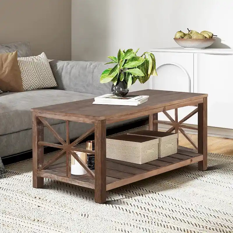 Tavolino rustico in legno con ripiano inferiore — 119 x 58 x 48 cm