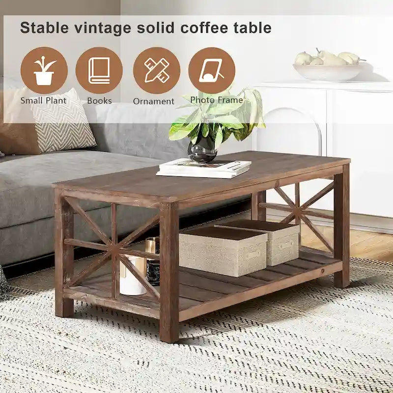 Tavolino rustico in legno con ripiano inferiore — 119 x 58 x 48 cm