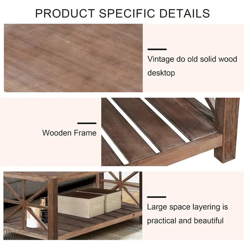 Tavolino rustico in legno con ripiano inferiore — 119 x 58 x 48 cm