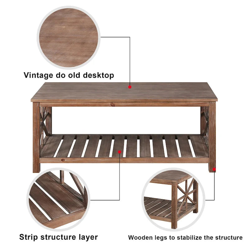 Tavolino rustico in legno con ripiano inferiore — 119 x 58 x 48 cm