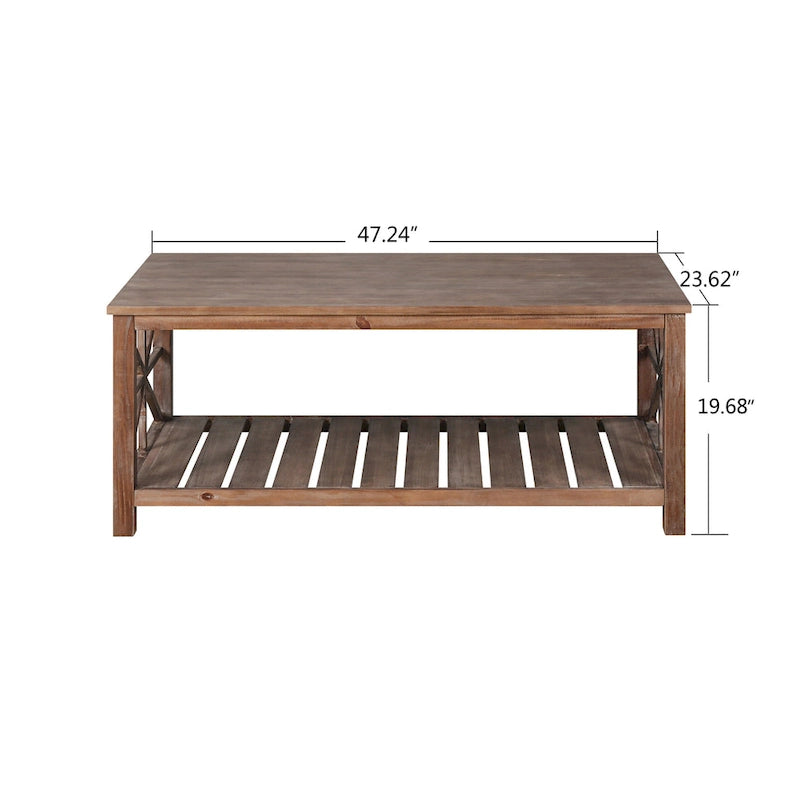 Tavolino rustico in legno con ripiano inferiore — 119 x 58 x 48 cm