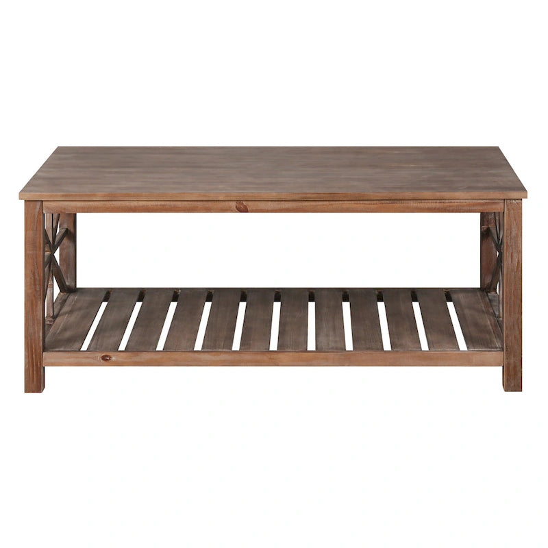 Tavolino rustico in legno con ripiano inferiore — 119 x 58 x 48 cm