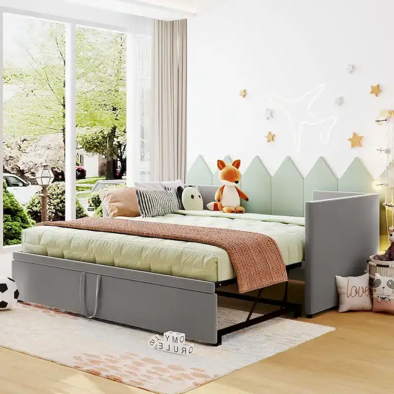 Letto a giorno imbottito Twin Size con letto estraibile a scomparsa – Grigio