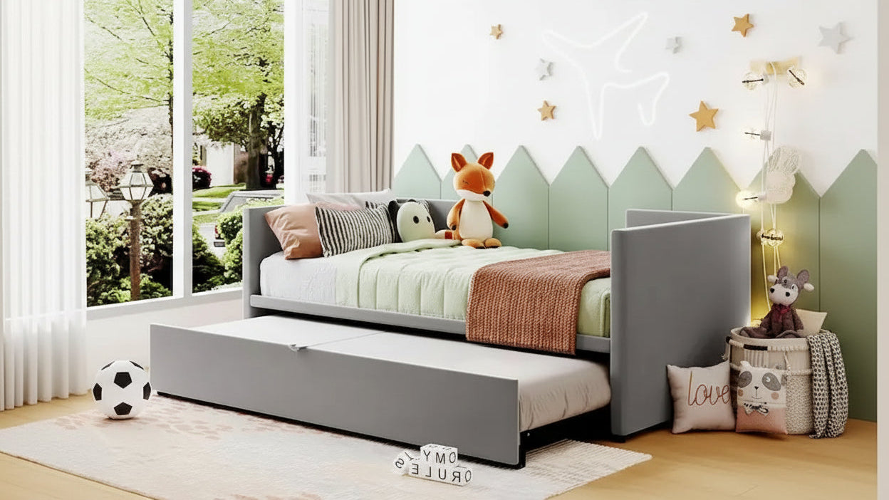 Letto a giorno imbottito Twin Size con letto estraibile a scomparsa – Grigio
