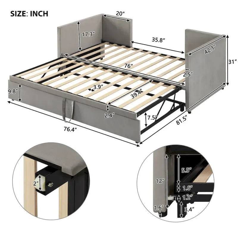 Letto a giorno imbottito Twin Size con letto estraibile a scomparsa – Grigio