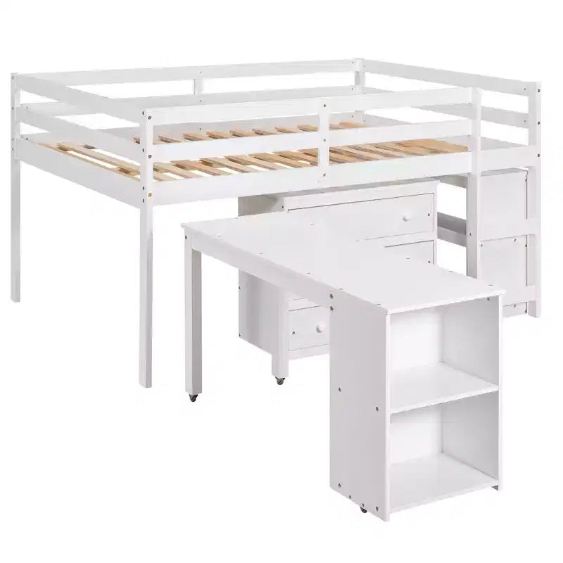 Lit mezzanine bas bas format double avec bureau coulissant, 3 tiroirs et étagères