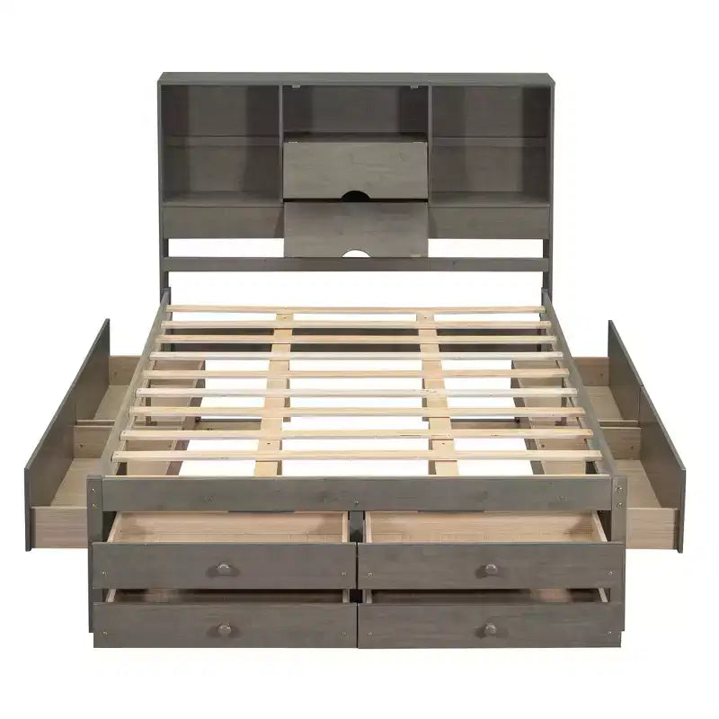 Queen-Size-Platformbett mit Ablage und 8 Schubladen, einfacher Aufbau