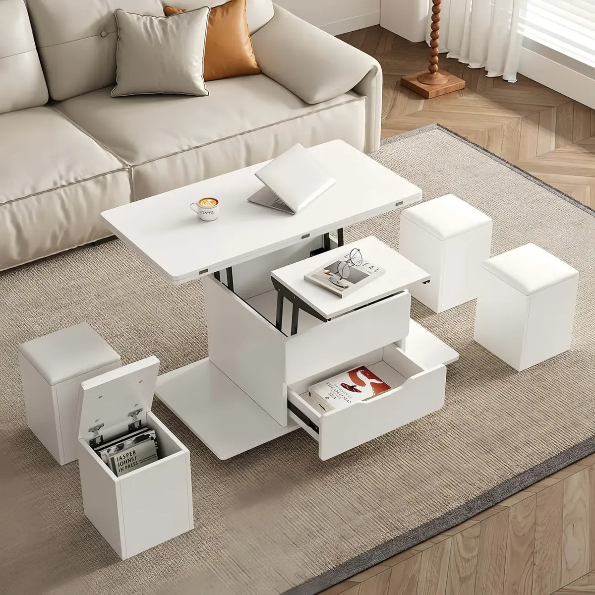 Klappbarer Couchtisch mit Hubplatte, 4 Hockern und Stauraum