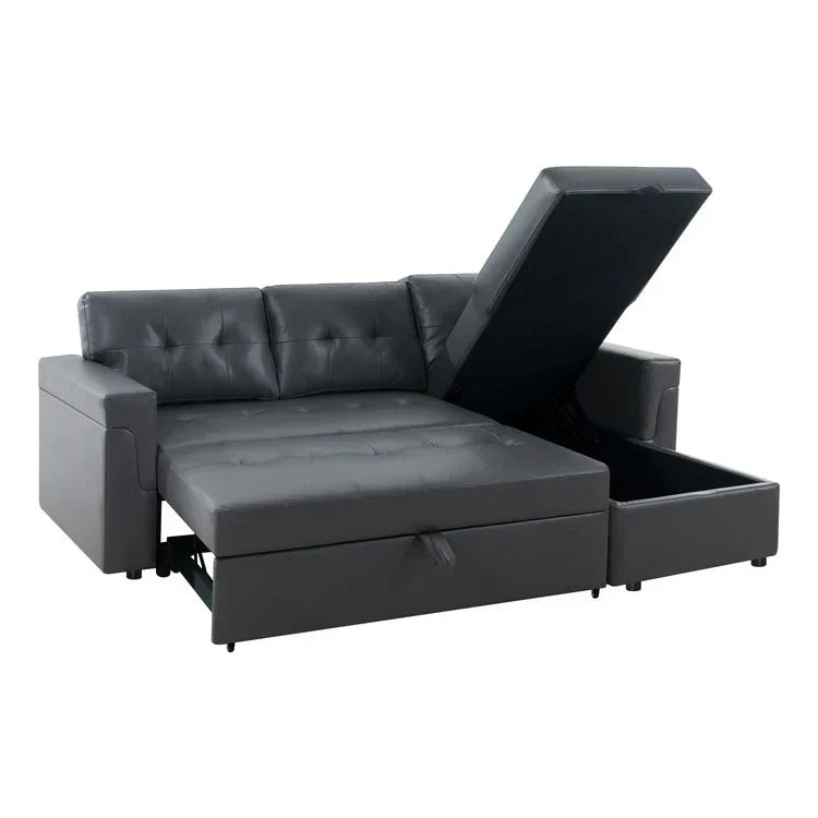Canapé d’angle convertible et réversible avec lit escamotable, méridienne avec rangement dissimulé et pieds robustes
