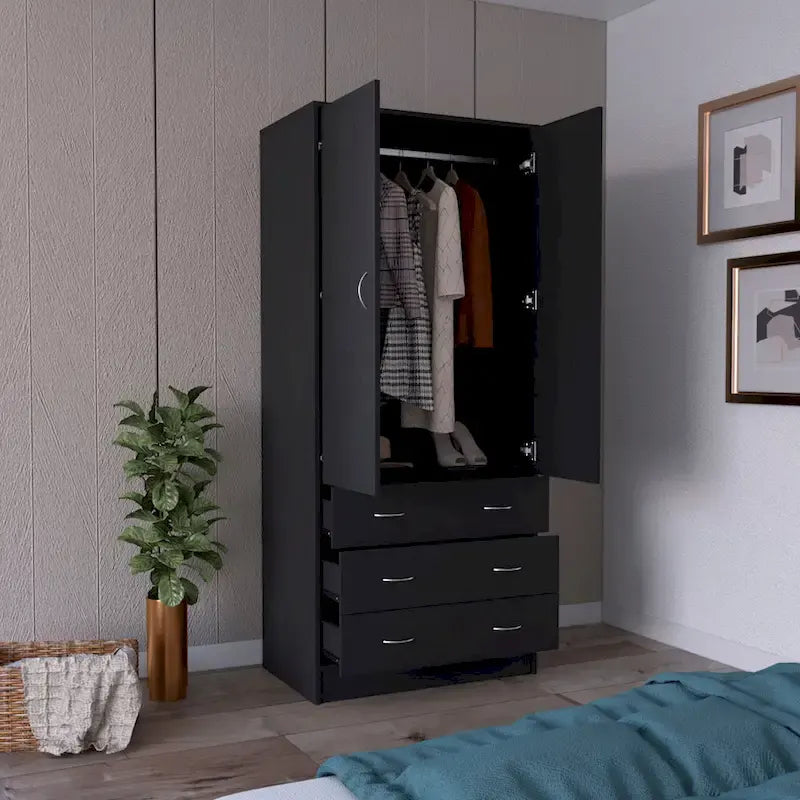 Armoire moderne à deux portes de 19 avec 3 tiroirs et 1 tringle à vêtements pour chambre