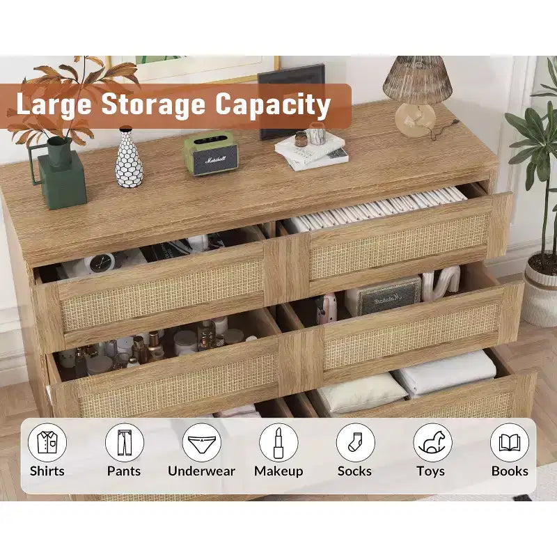 Rattan-Kommode fürs Schlafzimmer mit 6 Schubladen, 47 breite Kommode im modernen Landhausstil, Holz-Aufbewahrungsschrank und Organizer für Kleiderschrank, Wohnzimmer und Flur
