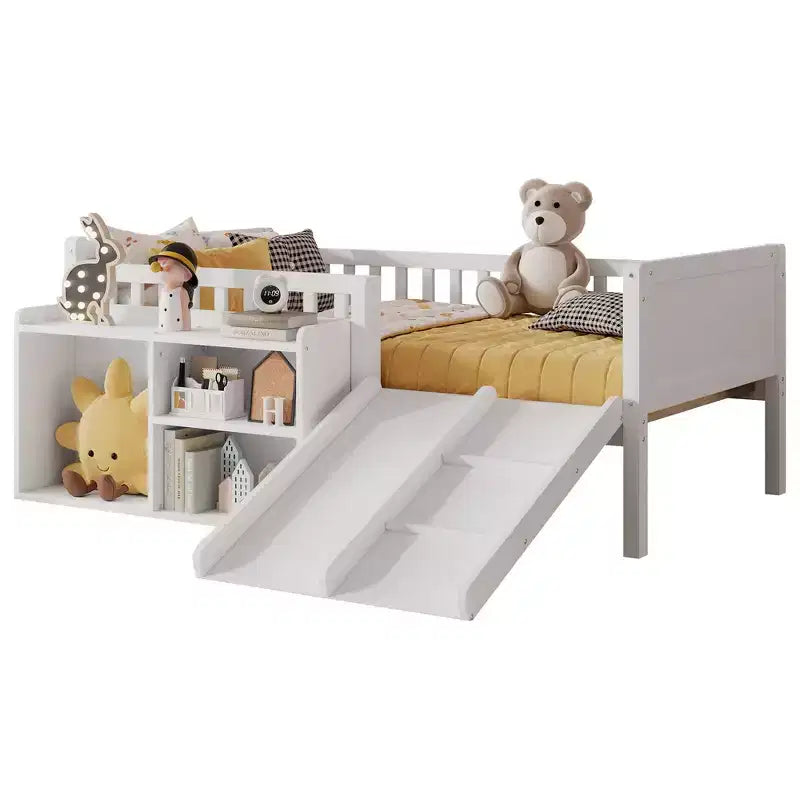 Lit mezzanine bas Whisen format une place pour enfants avec toboggan, bibliothèque de rangement mobile et barrières de sécurité