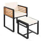 18-teiliges Garten-Esszimmer-Set aus Akazienholz, 8 gepolsterte Stühle, 8 Hocker und 2 quadratische Tische