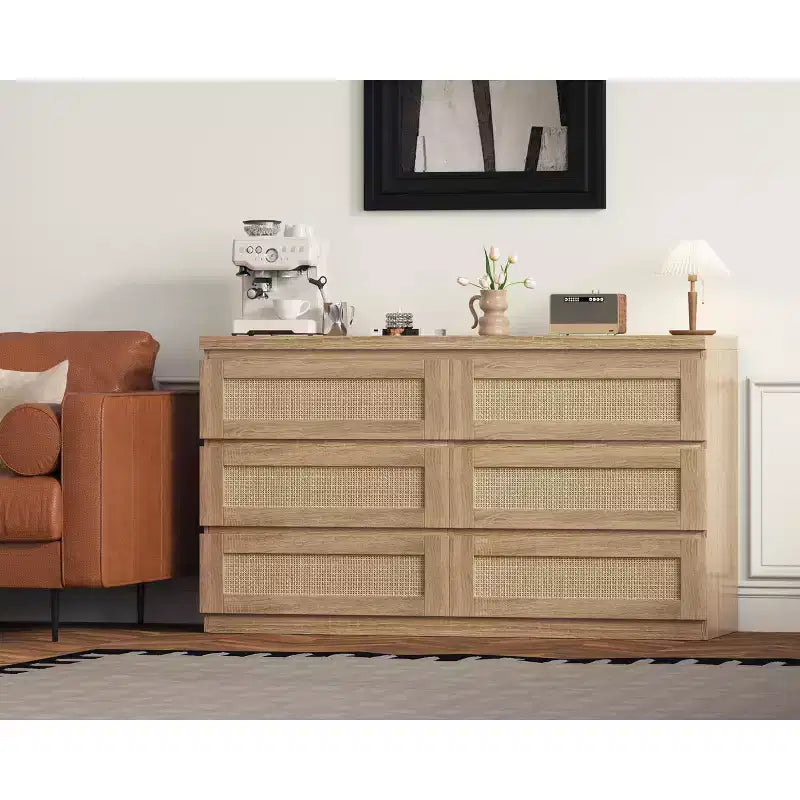 Rattan-Kommode fürs Schlafzimmer mit 6 Schubladen, 47 breite Kommode im modernen Landhausstil, Holz-Aufbewahrungsschrank und Organizer für Kleiderschrank, Wohnzimmer und Flur
