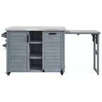 FAMYYT buitenkeukeneiland van 78.3 inch met roestvrijstalen werkblad, inklapbaar BBQ-station en opbergkasten, grijsblauw