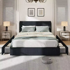 CuisinSmart bedframe van ribfluweel met hoofdbord, gestoffeerd platformbedframe met 4 opbergladen en houten lattenbodem
