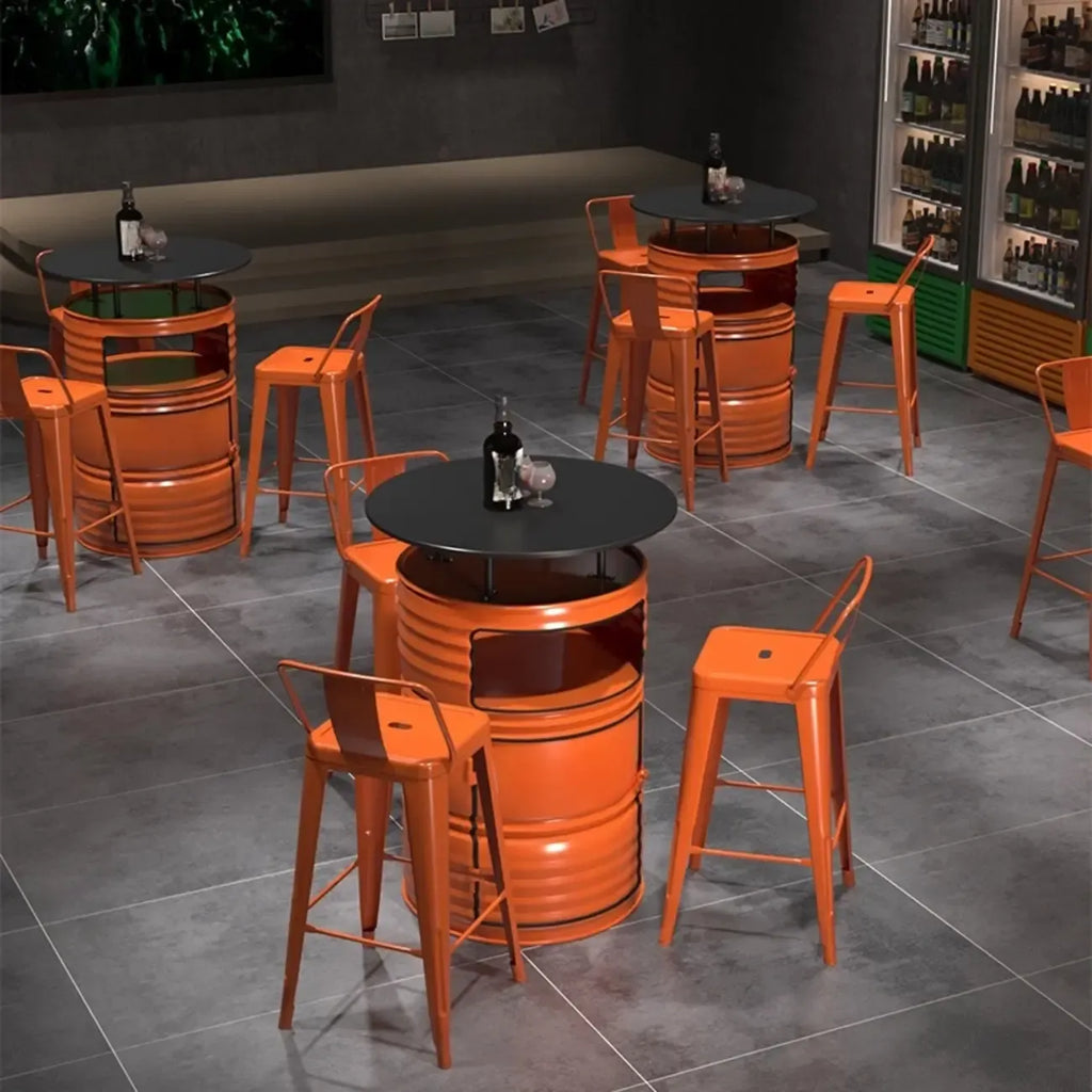 Tables de bar industrielles en métal noir et orange, en forme de fût, avec rangement