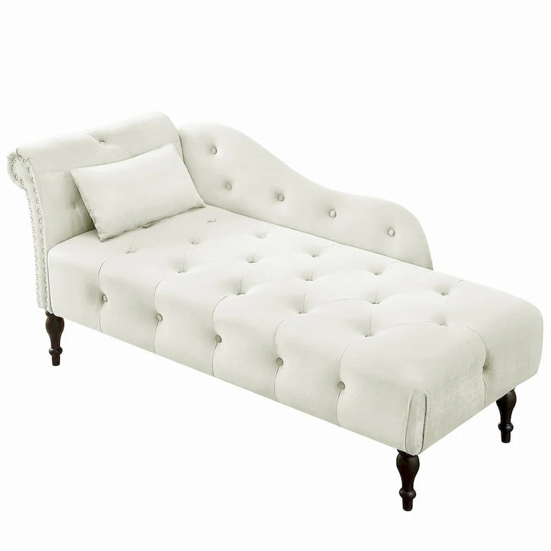 Moderne Chaiselongue, 60.6, mit Samtbezug, Knopfheftung, Beinen aus Massivholz und Ziernägeln