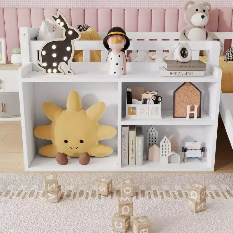 Lit mezzanine bas Whisen format une place pour enfants avec toboggan, bibliothèque de rangement mobile et barrières de sécurité