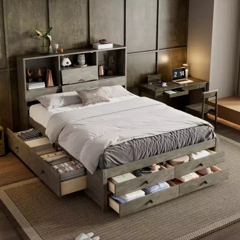 Queen-Size-Platformbett mit Ablage und 8 Schubladen, einfacher Aufbau