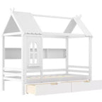 Huisbed met opberglades en raam, frame van massief hout met planken, speels kinderontwerp, lichtwit