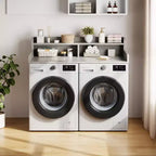 Waschmaschinen- und Trocknerabdeckung aus Holz, 54 Arbeitsplatte für die Waschküche mit zweistöckigem Ablagefach, rutschfeste Arbeitsfläche mit Schutzleisten zur Organisation der Waschküche