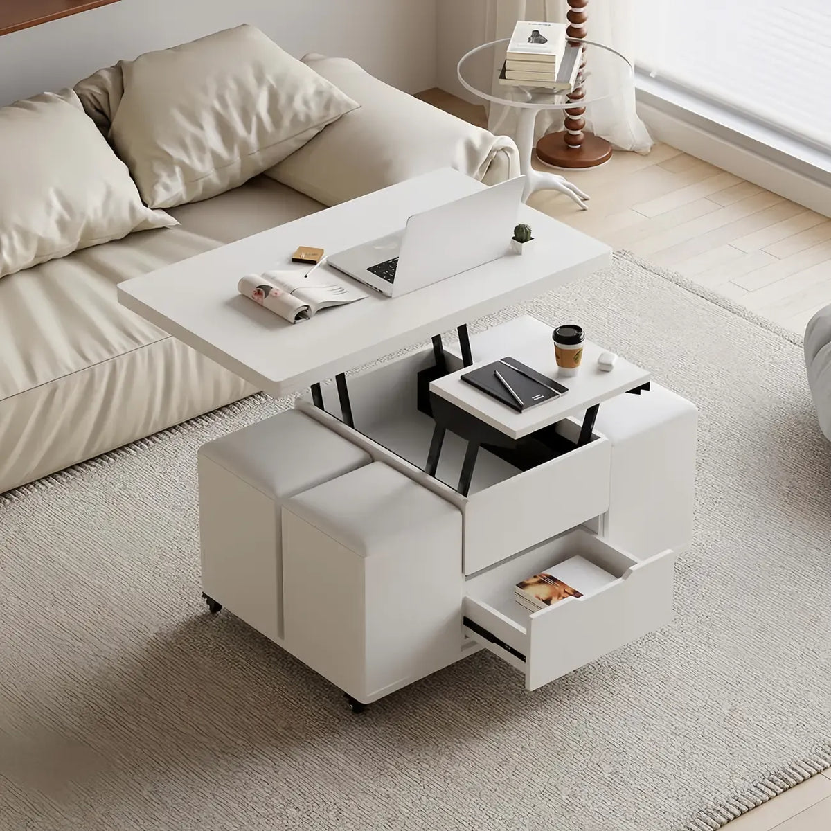 Klappbarer Couchtisch mit Hubplatte, 4 Hockern und Stauraum