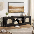 65-Zoll-TV-Ständer im Bohème-Stil mit Rattantür - Unterhaltungscenter aus Holz mit zwei Schränken und verstellbaren Einlegeböden, geeignet für Wohnzimmer
