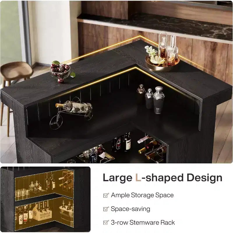 Lantine L-vormige thuisbar, hoekbartafel met 4 niveaus, opbergplanken en wijnglashouder voor thuisbar