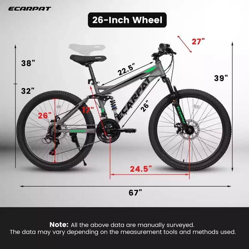 Okak 26IN mountainbike met schijfremmen, fiets voor volwassenen met 21 versnellingen, stevig frame en dubbele achtervering, voor fietsen op stadswegen
