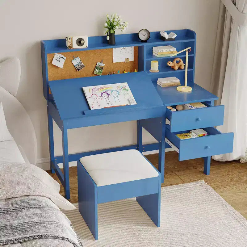 Ensemble bureau et chaise pour enfant, table d’étude en bois avec plateau inclinable réglable, tiroirs et tableau en liège - Ensemble de bureau scolaire pour enfants