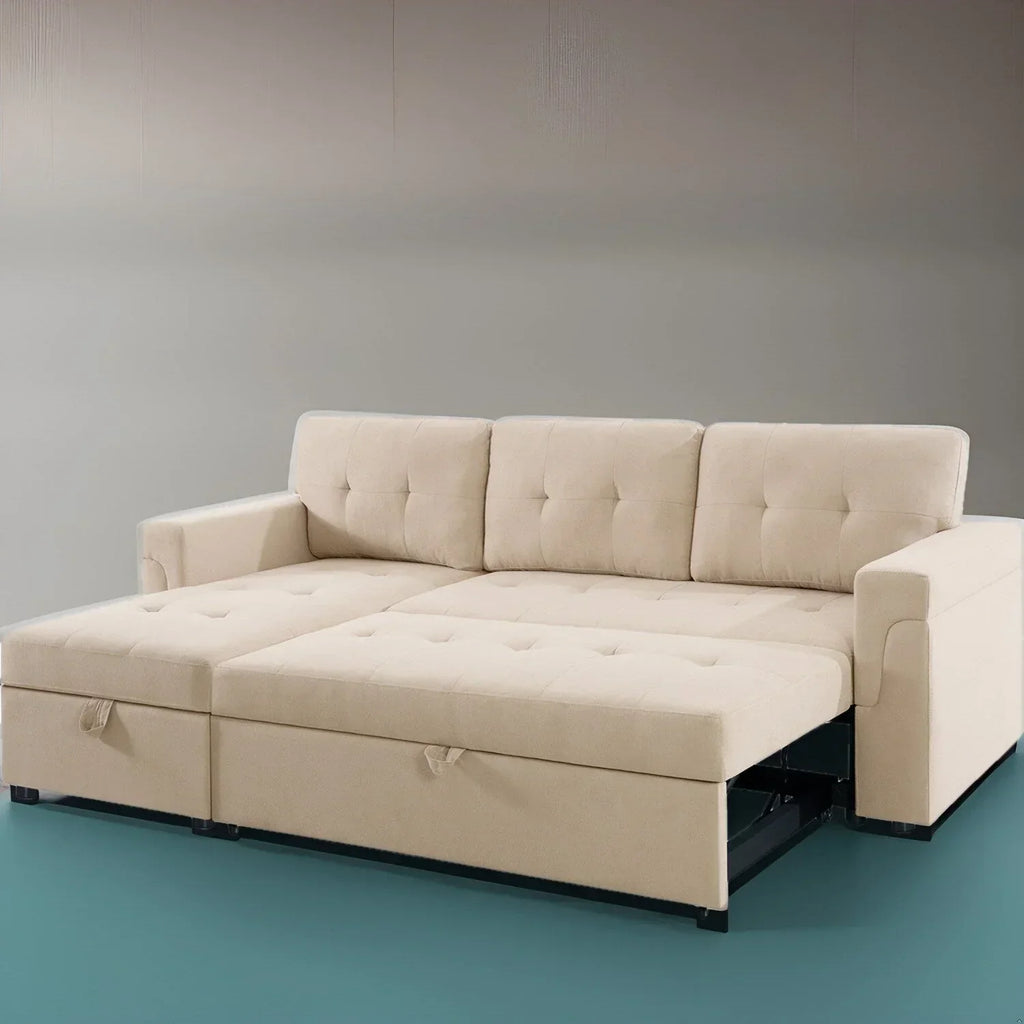 Canapé d’angle convertible et réversible avec lit escamotable, méridienne avec rangement dissimulé et pieds robustes