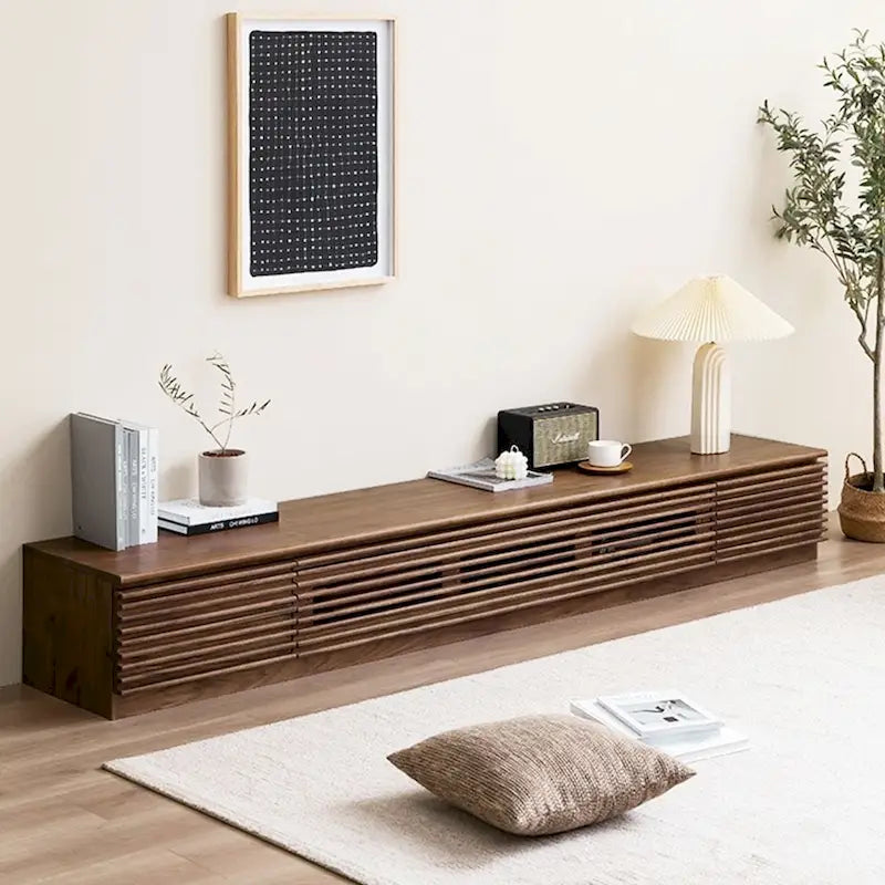Minimalist TV Stand with DrawersSolid Wood Media Console with Cabinets, Flip-down Door, Walnut Veneer, Fully-Assembled